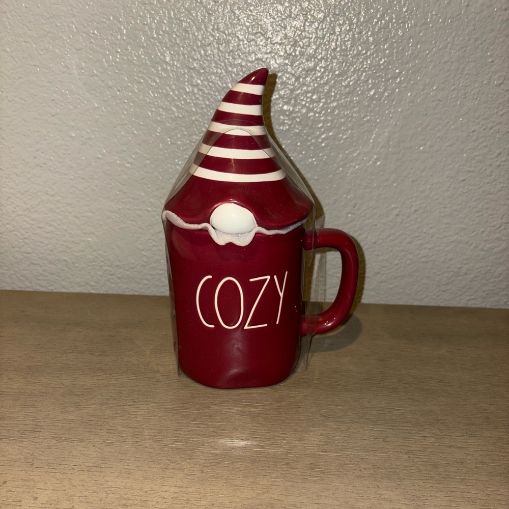 Rae Dunn Cozy Gnome Maroon Coffee Tea Mug with Lid NEW Fall Autumn Winter